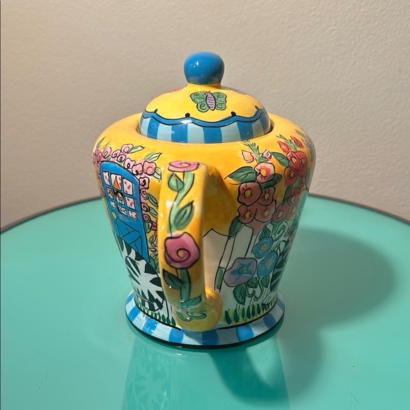 Vibrant Yellow and Blue Ceramic Teapot with Whimsical Designs - Picture 2 of 6